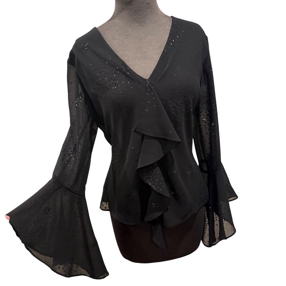 Whimsigoth Vintage Black Sequin Ruffle V-Neck Bell Sleeve Blouse Womens